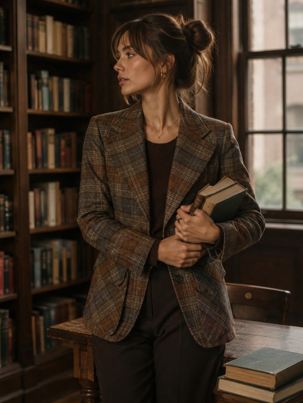 Women’s Brown Plaid Tailored Wool Blazer Jacket